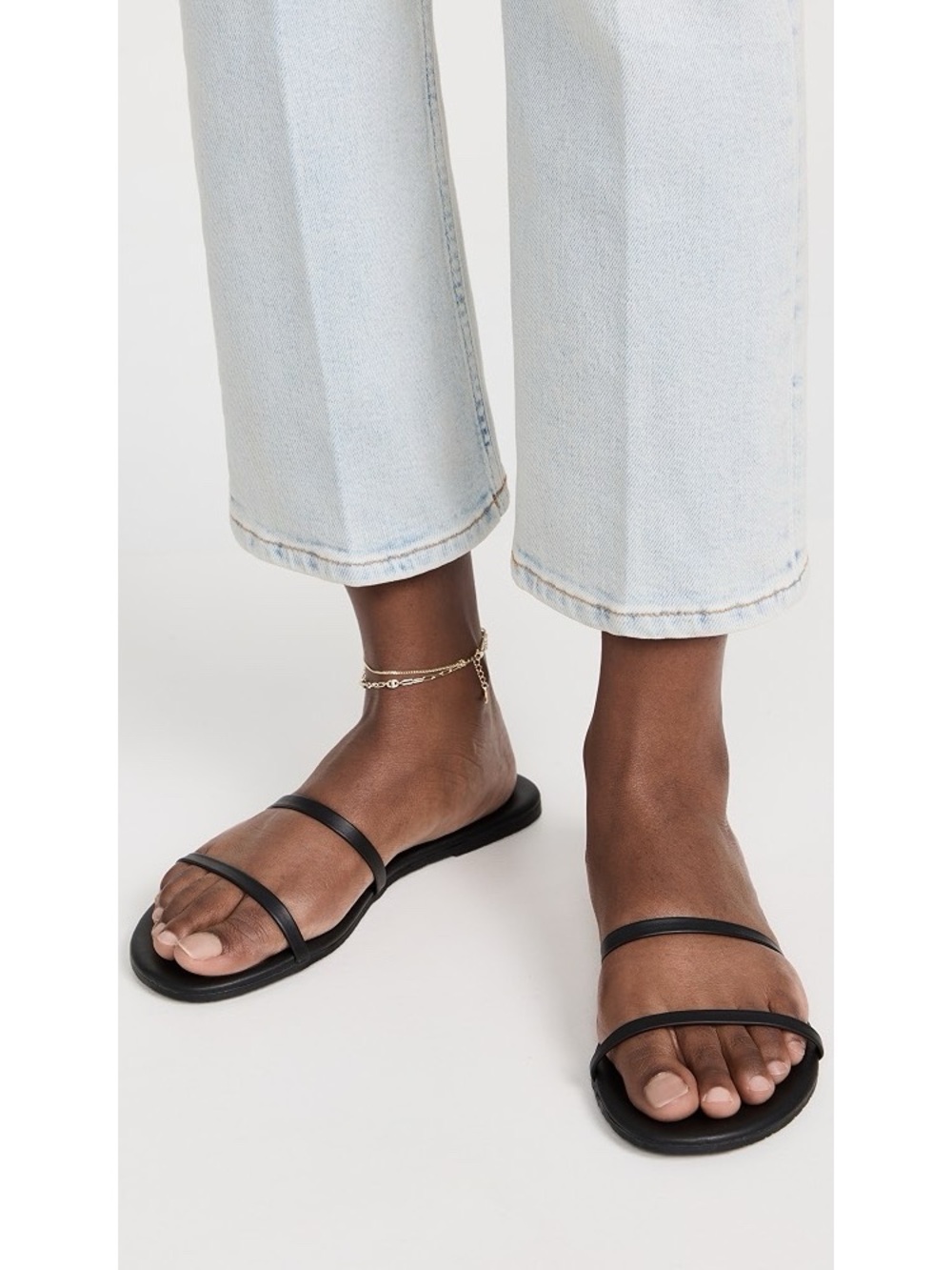 TKEES Women’s Gemma Size 9 Black Leather Double Strap Flat Slide Sandals Minimal